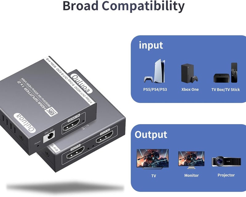 Ouluoa 8K HDMI Splitter 1 in 2 Out (Not Extended Display), Mirror Only, 4K@120Hz HDMI 2.1 Splitter for Monitor, TV, Support HDCP2.3, 48Gbps, Compatible with 4K & 1080P High-Definition Video - Image 5
